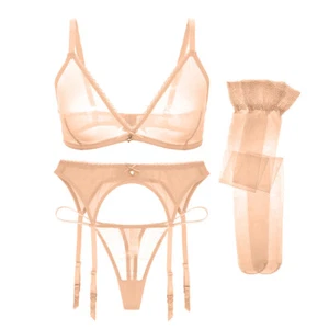 Womens Bras Set Sexy Lingerie Lace Thongs Bra Silk Stockings Underwear Suit Hot - Picture 1 of 14