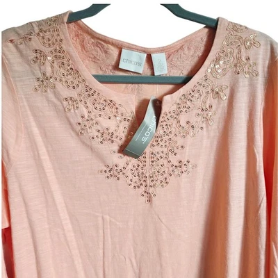 Chico's 2 Embellished Top Women's Size Large Long Sleeve Peach Blouse NWT $69 - Image 1 of 4