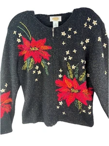 Talbots Hand Embroidered Christmas Sweater Silk Small Red Poinsettias Holiday - Picture 1 of 13