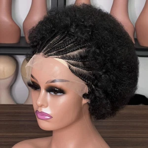 100% Human Hair Afro Curly Braided Wigs Natural Black Curly Lace Front Wigs - Picture 1 of 6