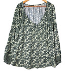 Knox Rose Top Womens 1X Green Boho Floral Peasant Long Sleeves V-Neck Popover