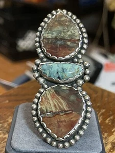 Artisan Sterling Silver Ring, Agate & Turquoise Signed, Free Shipping - Picture 1 of 9