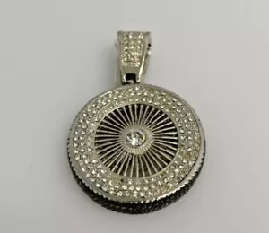 Men's Silver Gunmetal Solid Metal White Stones Oversized Wheel Pendant - Imagen 1 de 2