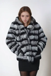 Women's Real Rex Rabbit Fur Coats Fashion Chinchilla Winter Warm Collar Jackets - Picture 1 of 5