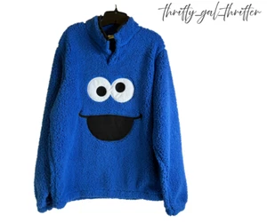 Sesame Street Unisex Size L Sherpa Cookie Monster Snap Buttons Pullover Blue - Picture 1 of 6