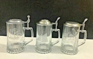 3 VTG 80’s Etched ALWE Crystal/Glass Golfer, Boats W. Germany Beer Lidded Steins - Picture 1 of 12