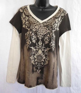 Vintage New Directions 2 Fer Look Top Size L NWT Brown Floral W Brads Cotton - Picture 1 of 12