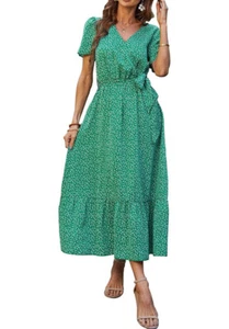 Women's Floral Summer Dress Wrap V Neck Short Sleeve A Line Bohemian Maxi Dress - Picture 1 of 6