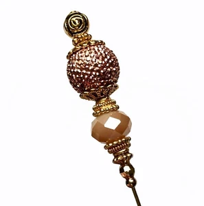 HATPIN with a PINK / PEACH Crystals set on 8" Gold Brass Finish Setting - Picture 1 of 12