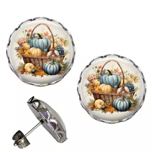 Blue Pumpkins Earrings NO TARNISHING Studs Autumn Thanksgiving Halloween Jewelry - Picture 1 of 6