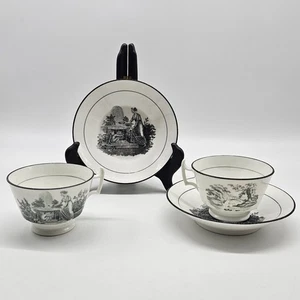 Pair Of English Regency (1800-1820) Bat Printed Cup and Saucer, Caged Cupid Lady - Picture 1 of 14