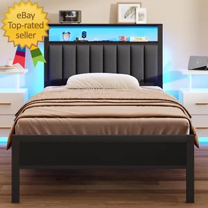 Twin Size Bed Frame with Charging Station and LED Lights, Platform Bed with Meta - Picture 1 of 12