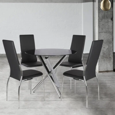 Round Glass Dinning Table and 2/4 Faux Leather Chairs Set Tripod Chrome Legs UK - Image 1 of 4