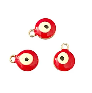 20 Red Enamel Red Evil Eye ICU Puffed Flat Round Bead Drop 13x10mm Silver Charms - Picture 1 of 3