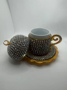 turkish coffee cup set with bejewelled cups, saucer and lids - Picture 1 of 6