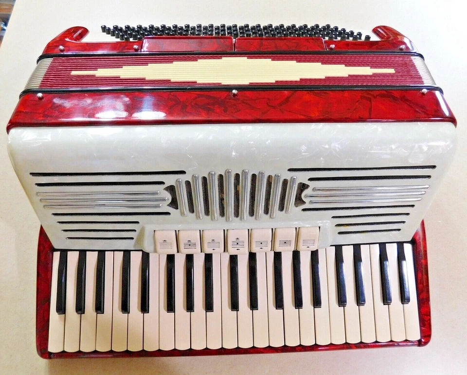 PANCORDION ACCORDION DELUXE IN RED & PEARL WITH CASE EXCELLENT CONDITION - Image 1 of 4