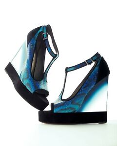 Lanvin Designer Shoes Blue Electrical Snakeskin Lucite-Wedge Sandal Sz:39 NEW Bo