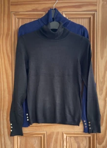 Ladies Ex RIVER ISLAND Black Navy Roll Neck Jumper Fine Knit Slim Fit Size 8-12 - Picture 1 of 3
