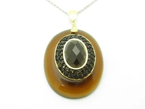 18kt Gold Sterling Silver Smokey Quartz Halo Design Brown Resin Necklace Gift - Picture 1 of 1