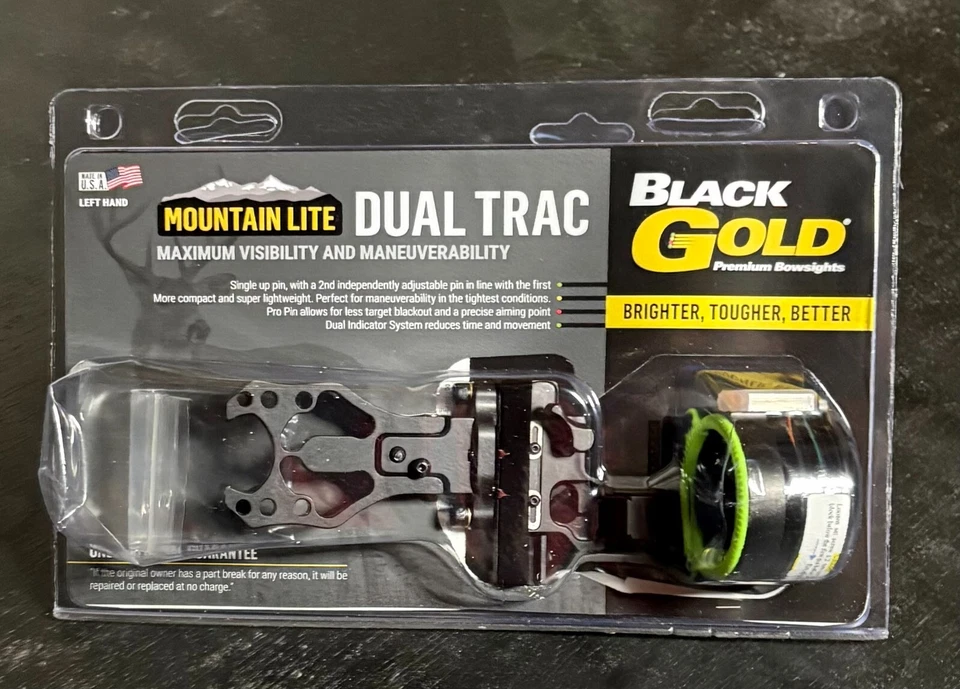 Nuevo Negro Dorado Doble Trac Mountain Lite 2 Pin Movible .019 Mira Verde LH Foto 1 de 1