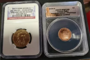 2007-p John Adams 1$ DBL.EDG.LET Brill Unc. And 2009-D Lincoln Cent MS67 RD... - Picture 1 of 5