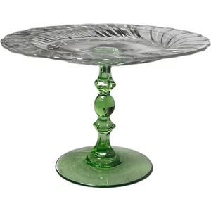Vintage Spiral Green Stem Heisey Depression Glass Round Compote Footed Tray - Picture 1 of 7
