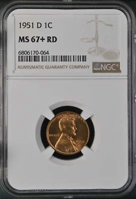 1951-D 1C RD Lincoln Wheat One Cent NGC MS67+RD  6806170-064 - Image 1 of 2
