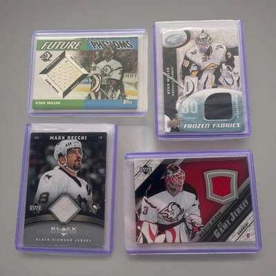 Lote de 4 cartas camiseta usada en juegos de la NHL - Mark Recchi, Ryan Miller (2) y Martin Biron Foto 1 de 4