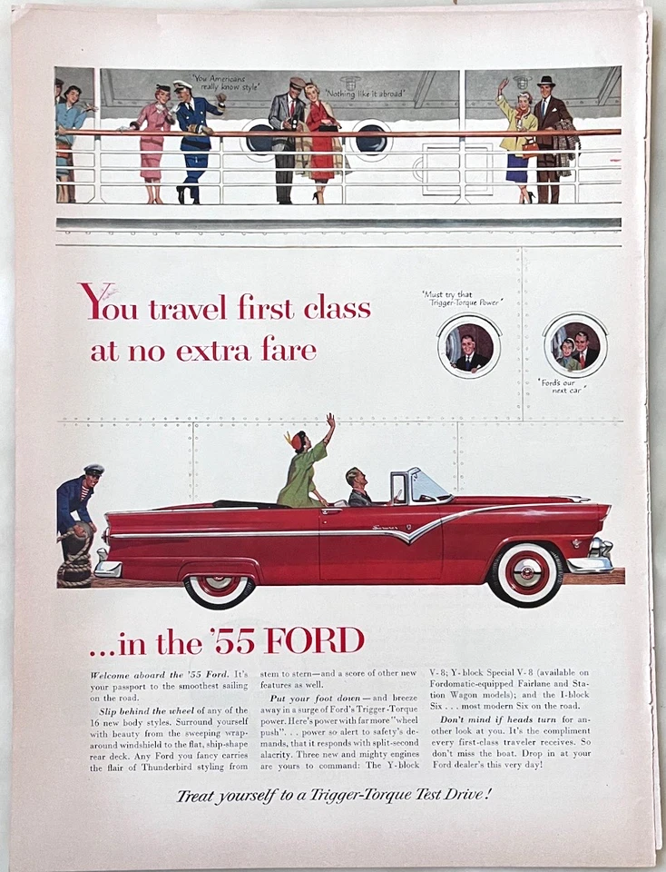 1955 magazine ad for Ford - Travel First Class at no extra fare, convertible - Image 1 of 1