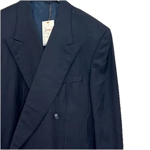 Men’s Vintage Doublebreasted Suit Jacket Size 44R Renzi Navy Blue Striped Blazer - Picture 1 of 17