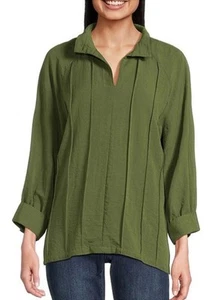 John Mark Wire Collar Split V-Neck 3/4 Sleeve Pintuck Detail Top M New - Picture 1 of 10