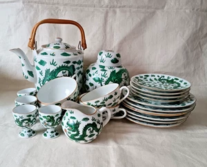 China Porzellan Set Grün Drache Tee Kaffeekanne mit Bambusgriff + Extra Deckel - Bild 1 von 18