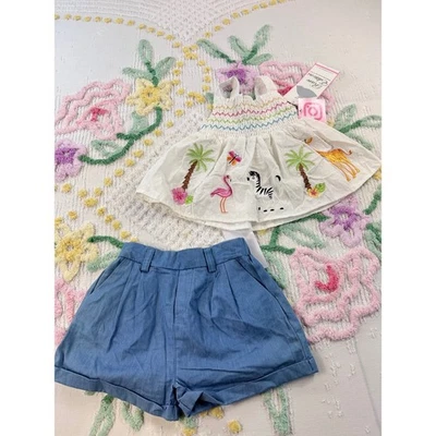Conjunto de Vestido Denim Bordado Animal Safari Blanco Ediciones Raras Niñas 4T Foto 1 de 4