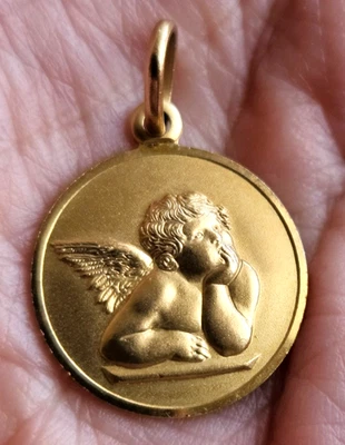 Vintage Nachlass 14K Italien Gelbgold Schutzengel Anhänger Medaille - 3,2 gm - Bild 1 von 4