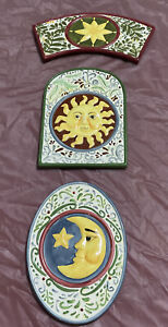 Set Of 3 Ceramic Wall Hanging Plaques Boho Sun Moon Phase & Stars Vintage