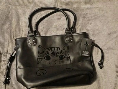 Womens Black Gothic Punk Kitty Flocking Cat Delicatty Tote Bag BANNED Apparel - Image 1 of 4