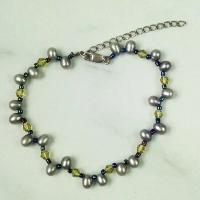 "Brazalete de cuentas de vidrio de perlas genuinas gris claro de plata de ley 7,5""-9,35""" Foto 1 de 4