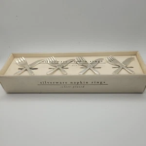 Pier I One Imports Silverplate Knife & Fork Napkin Rings Set of 4, Original Box - Picture 1 of 4