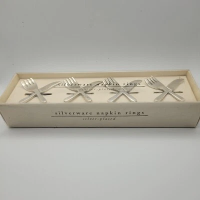 Pier I One Imports Cuchillo Plateado y Tenedor Servilletero Anillos Juego de 4, Caja Original Foto 1 de 4