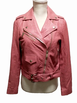 NUEVO SIN ETIQUETAS Michael Kors Mujer Clavel Rosa Arrugado Cordero Cuero Cinturón Moto Chaqueta S Foto 1 de 4