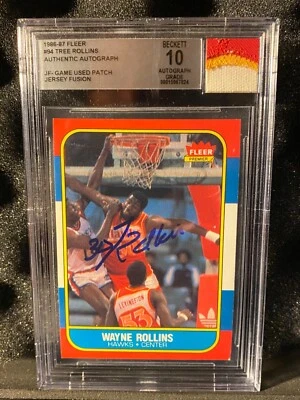 1986-87 FLEER #94 TREE ROLLINS JERSEY FUSION AUTO 3-COL PATCH BGS 10 - Image 1 of 2