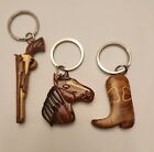 3 Hand Crafted Western Style Key Rings: Cowboy Boot, Pistol, Horse. All New!