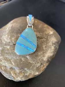 Womens Blue Turquoise & Opal Navajo Sterling Silver Inlay Pendant 12490 - Picture 1 of 12