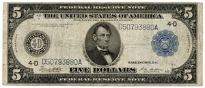 1914 $5 Cleveland, Ohio FRN Large Size Blue Seal S/N #D50793880A Fr.#859A - Picture 1 of 2