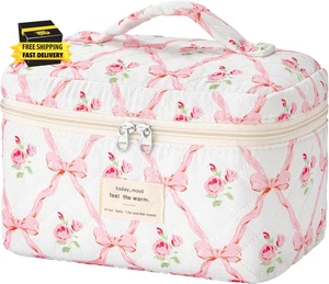 Quilted Makeup Bag, Portable Cotton Large Travel Makeup Bag, Cute Coquette Pink - Picture 1 of 7