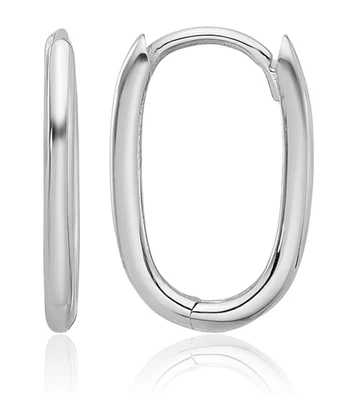 14K Solid White Gold Oval Huggie Small Hoop Earrings - Image 1 of 4