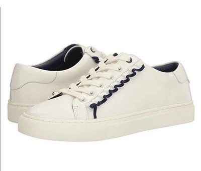 Tory Burch Sport Ruffle Sneakers  White Navy  Calf Leather Lace Up Womens 8 - Image 1 of 4