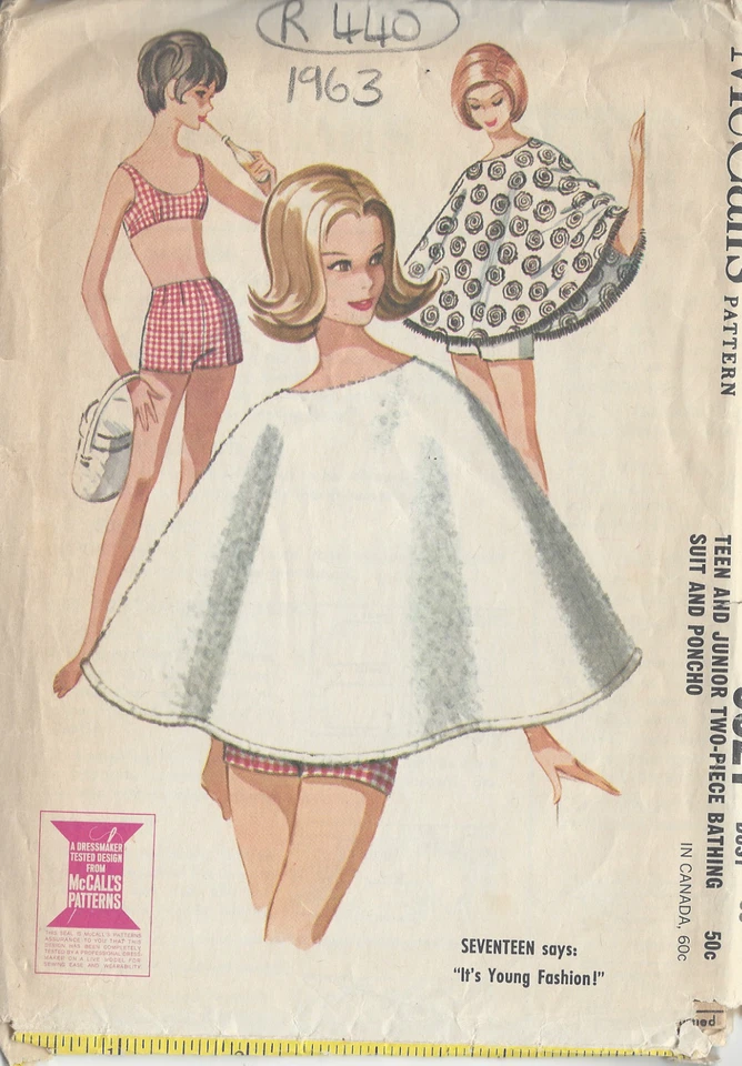 1963 Vintage Sewing Pattern B30" BATHING SUIT & PONCHO (R440) - Image 1 of 1