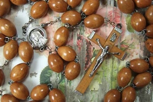 Catholic Rosary VERY LARGE 14mm Brown Wood Beads Our Lady of Sorrows medal - Picture 1 of 3