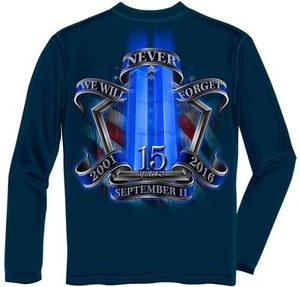 New 9-11 TRIBUTE 15TH ANNIVERSARY NEVER FORGET TWIN TOWERS LONG SLEEVE T SHIRT - Picture 1 of 2
